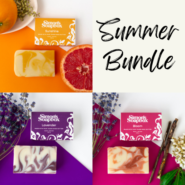 Collage of Simon's Soapbox soap bars with corresponding packaging on a colorful background.